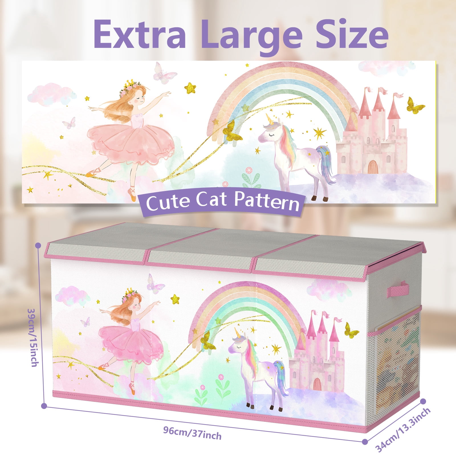 Extra Large Toy Storage Box for Girls Boys - Collapsible Toy Chest Organiser for Kids,Toy Bin Container with Lid for Clothes,Blanket,Nursery,Playroom,Bedroom,Stuffed Animals,Quilt(Beige&Purple)
