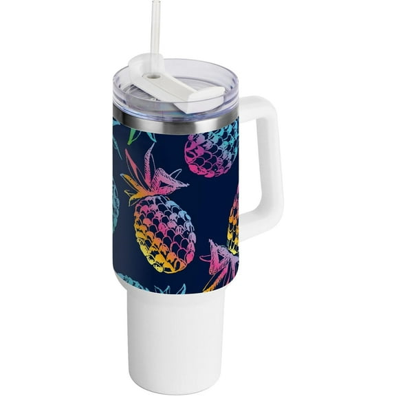 SKYSONIC Insulated Tumblers with Lids and Straws Handles 40oz Water Bottle Tropical Fruit Pineapple Travel Mug Reusable Stainless Steel Thermos Vacuum