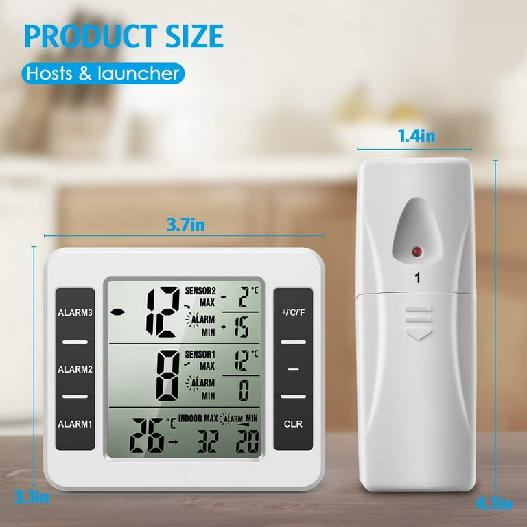 Wireless Digital Refrigerator Freezer Thermometer Temp Alarm 2 Sensor  In/Outdoor