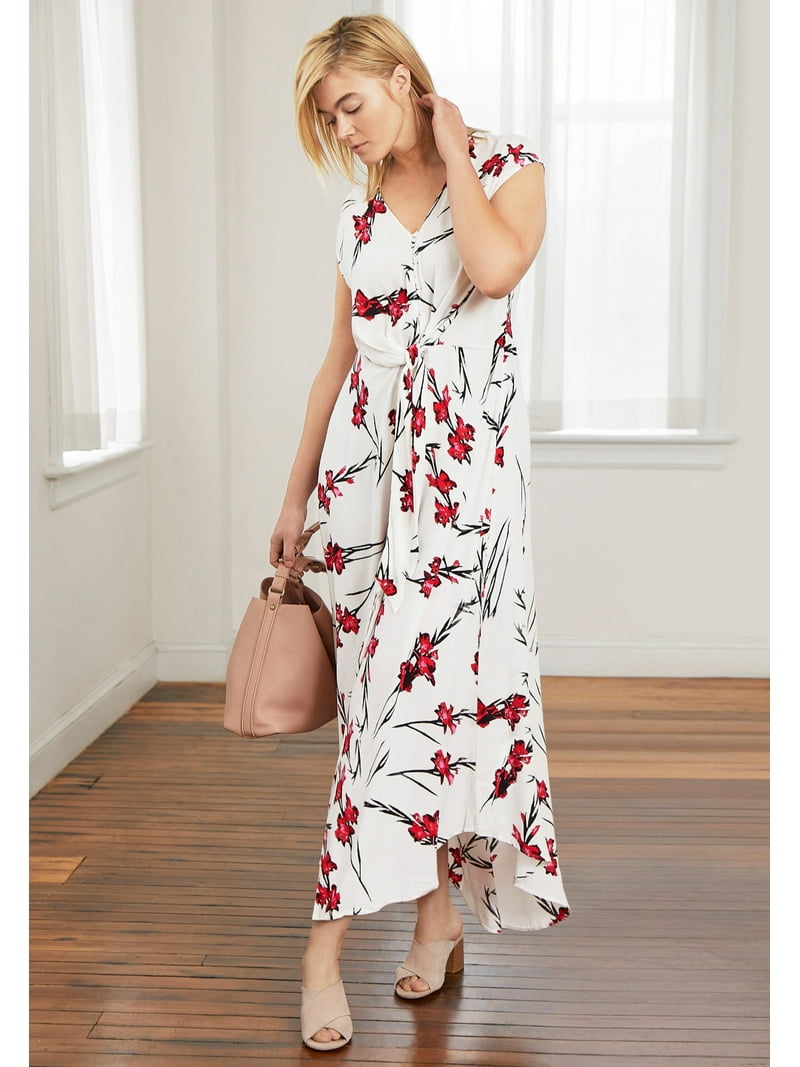 ellos Women's Plus Size Tie-Front Maxi Dress - 24, White Red Print -  Walmart.com