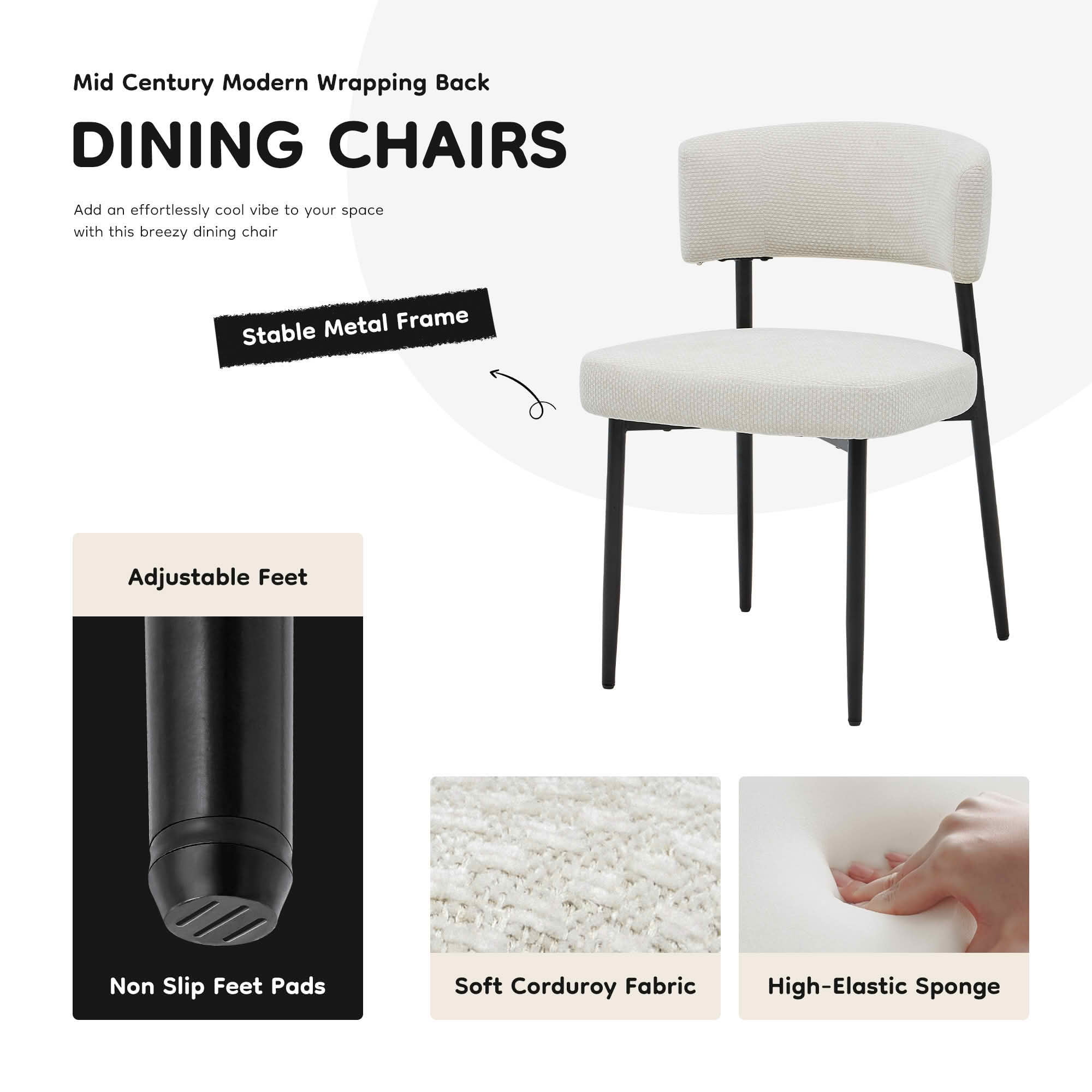 MAYEERTY Set of 4 Upholstered Modern Dining Chairs Curved Back Sturdy Metal Frame