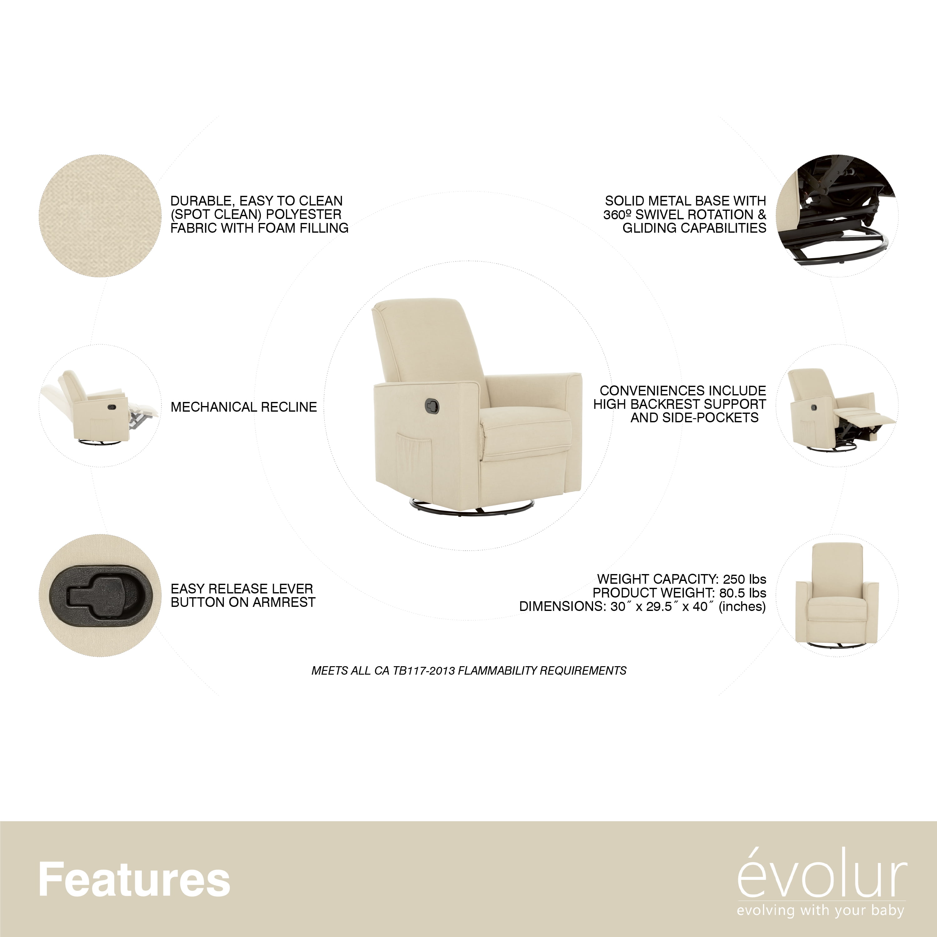 Evolur Raleigh Basic Glider Recliner and Rocker in Rustic Grey