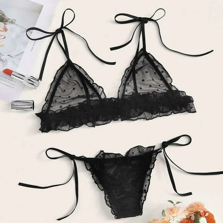 

CFXNMZGR Women Sleepwear Set Women Dot Mesh Lace Wireless Bra Bandage Lingerie Thong Set Underwear