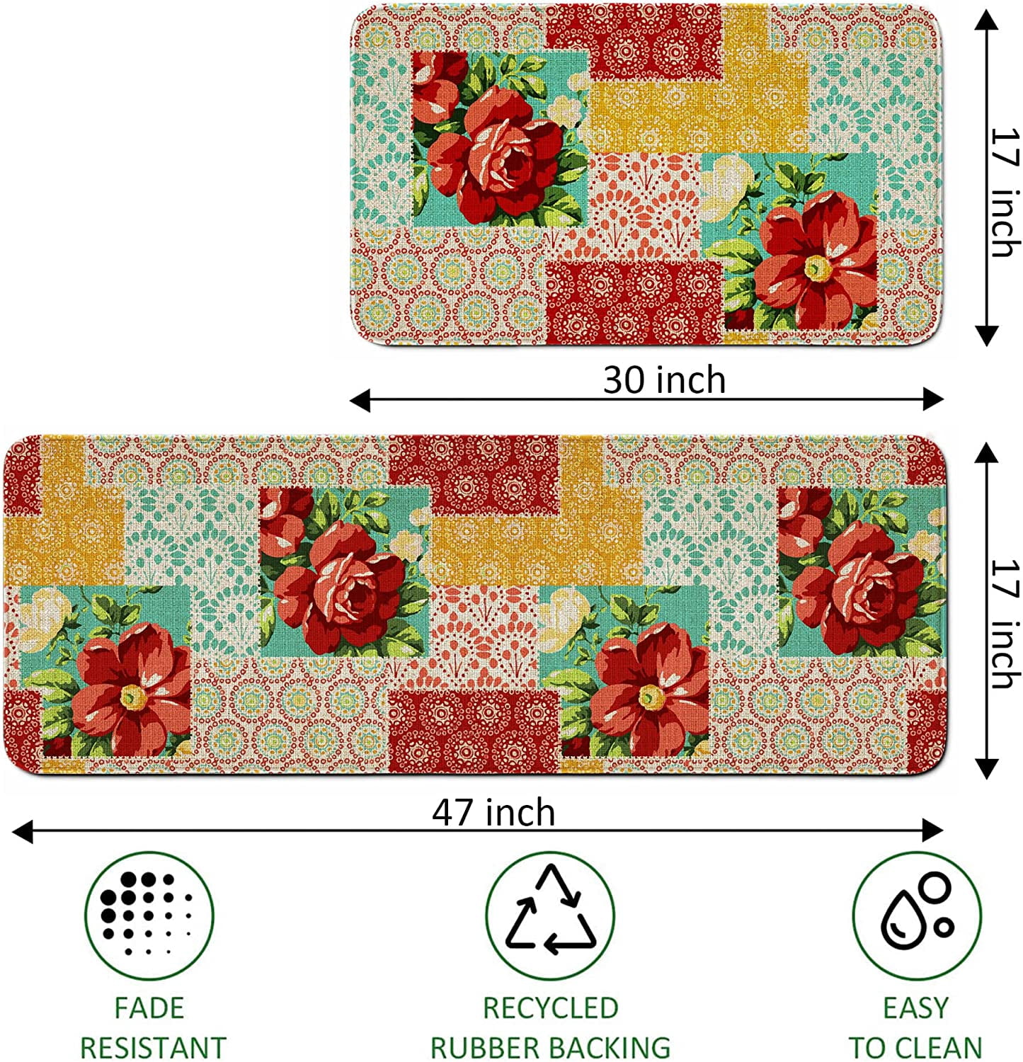 Freshmint Floral Green Kitchen Mat, 17 x 30 in, Washable