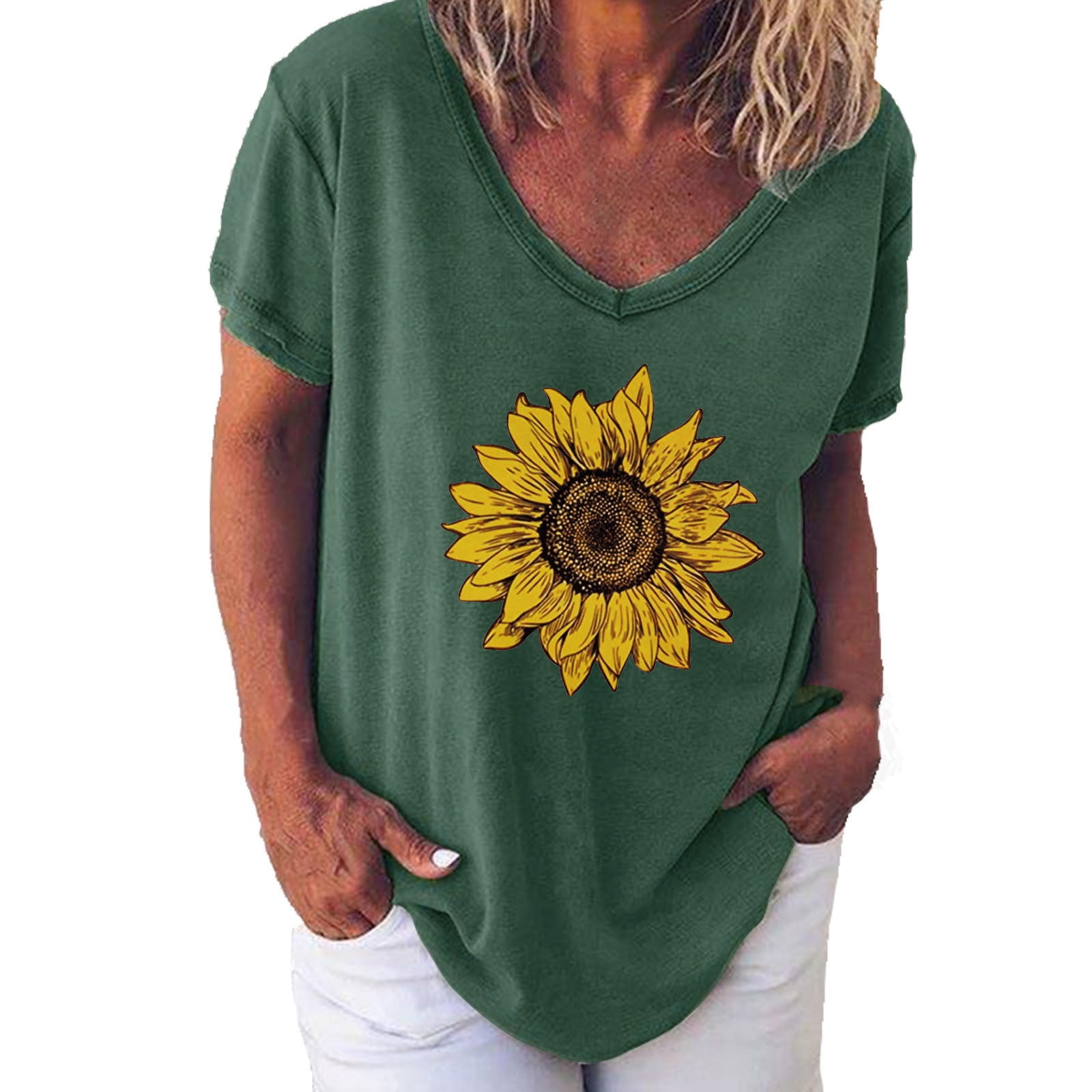 Women Ladies Loose Short Sleeve T Shirt Tops Blouse sunflower Printed Casual Tee