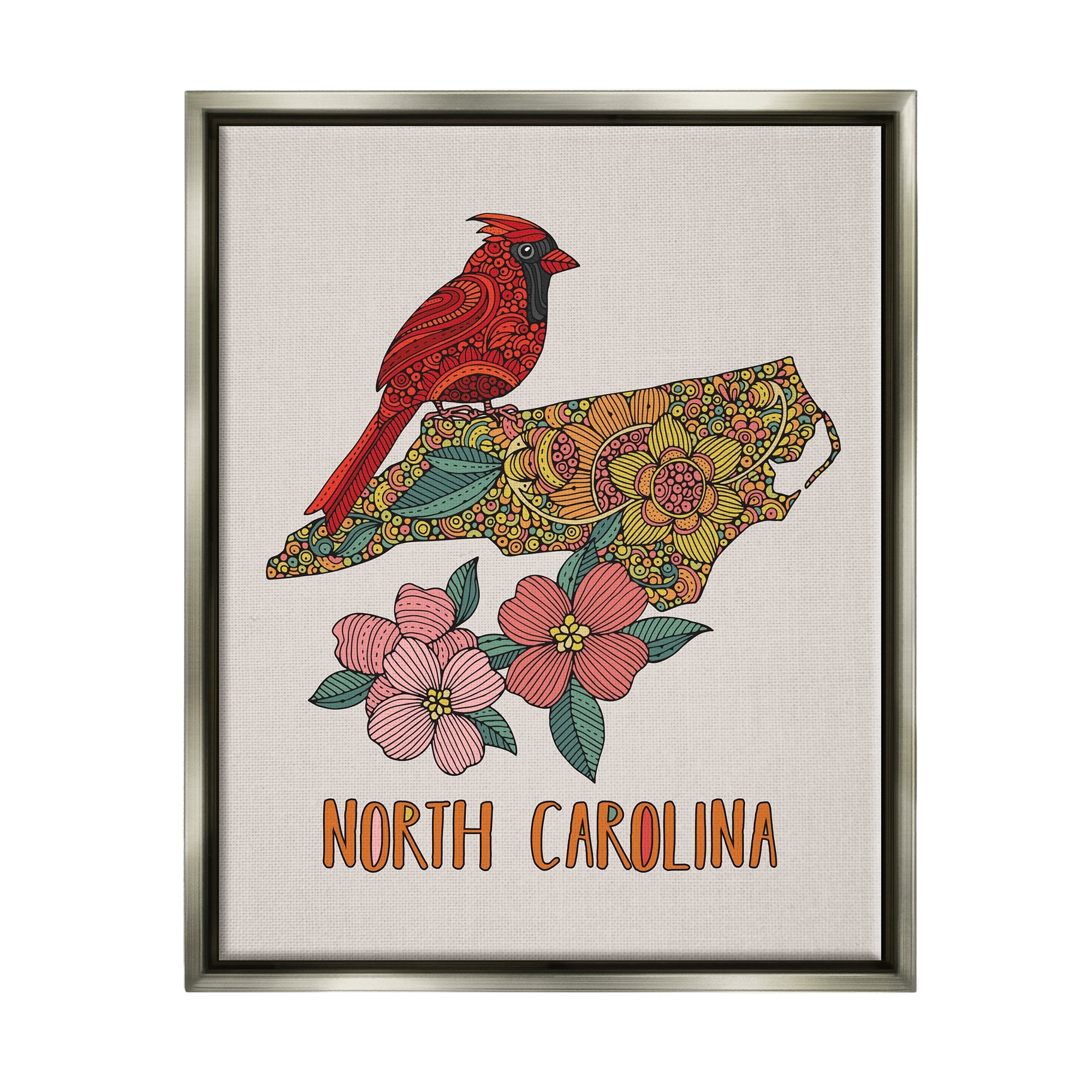 Stupell Industries North Carolina Cardinal Detailed Floral State Pattern Graphic Art Luster Gray Floating Framed Canvas Print Wall Art, Design by Valentina Harper
