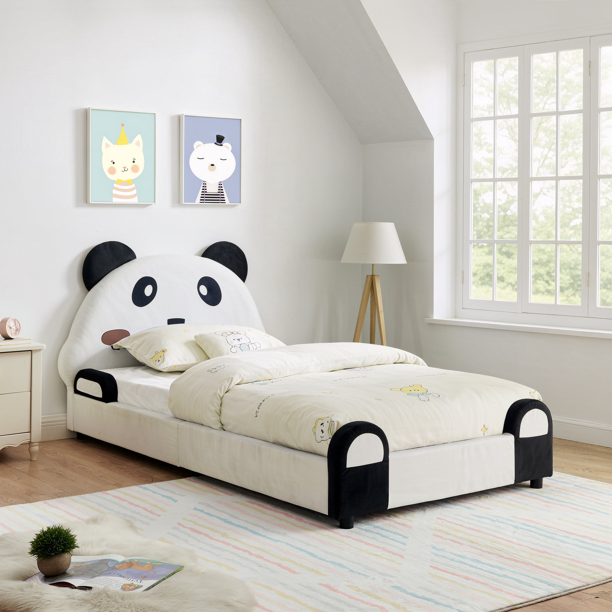 Mintazer Twin Upholstered Platform Bed Frame with Panda Headboard, Kids Velvet Bed for Boys Girls, White & Black