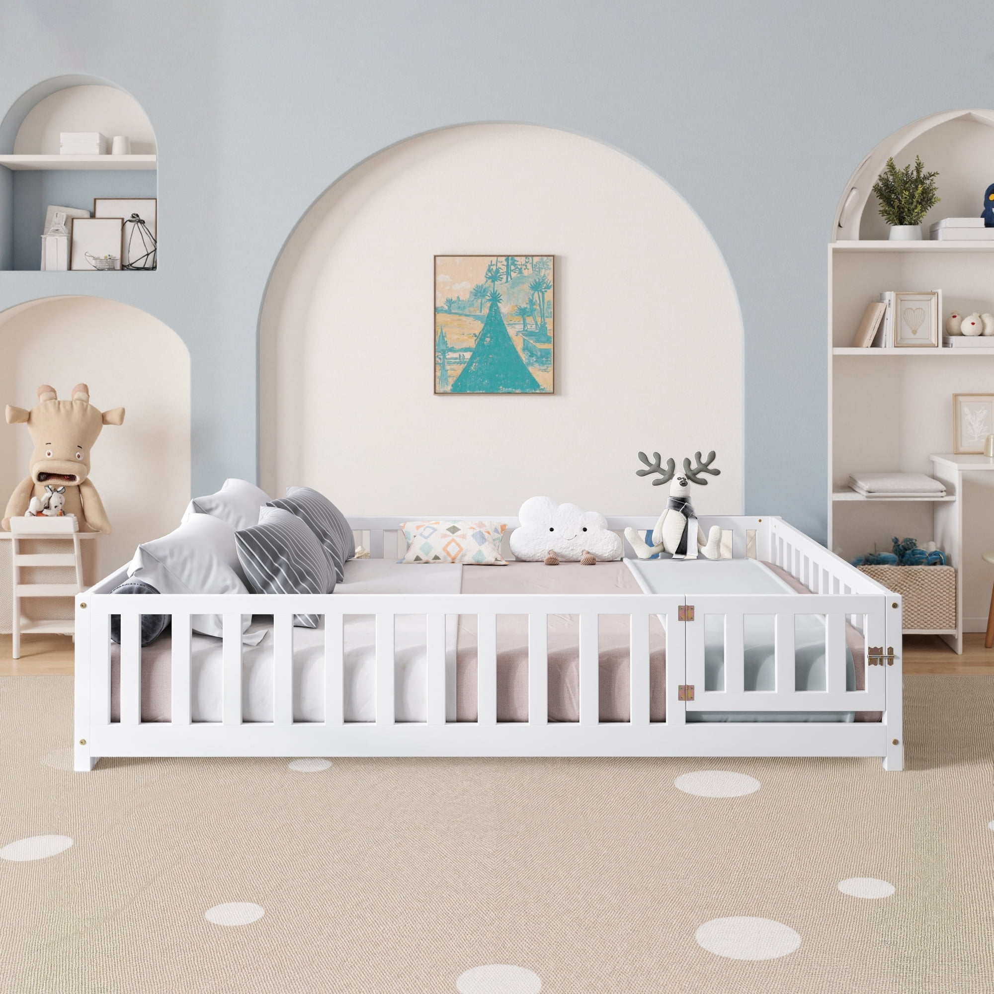 Leumius Full Size Floor Platform Bed Frame with Fence and Door for Kids, Montessori Floor Bed Frame with Support Slats for Toddlers White