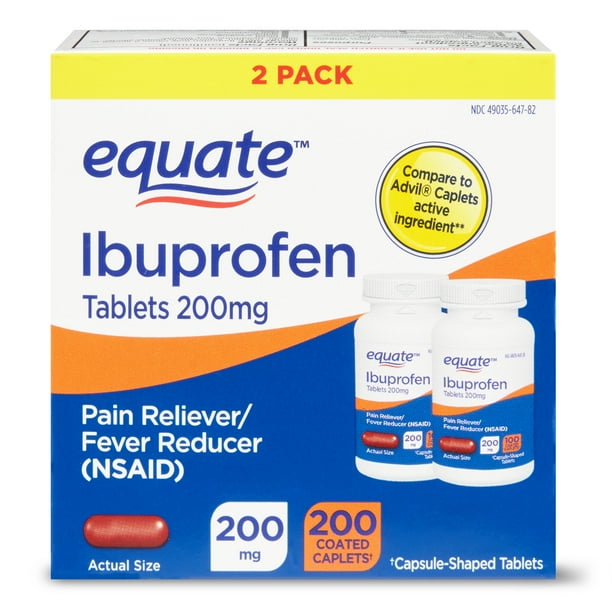 Equate Ibuprofen Coated Caplets, 200 mg, 100 Count, 2 Pack Walmart
