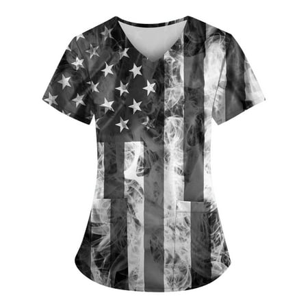 

XHJUN Scrubs_ Tops for Women American Flag Scrub Nurse Top Shirts Short Sleeve Working Tops Workwear Comfy Shirt Blouses Clothing Gray XXXXL