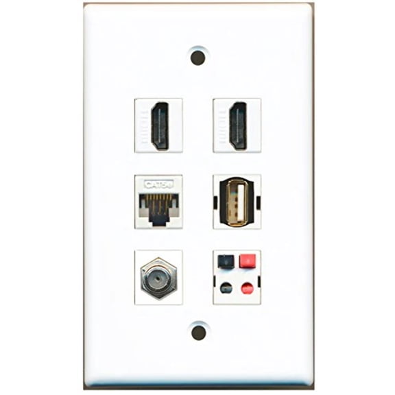 RiteAV - 2 HDMI 1 Port Coax Cable TV- F-Type 1 Port USB A-A 1 Port Cat5e Ethernet White 1 Port Speaker Wall Plate