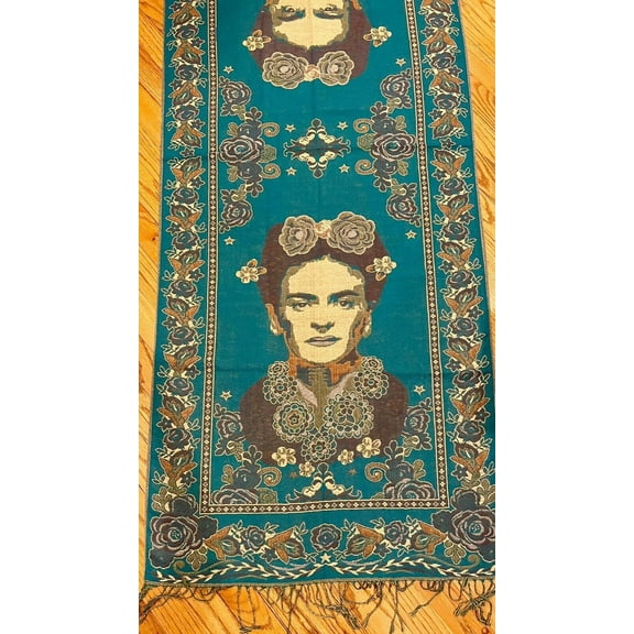 Mexican Pashmina Shawl Scarf Wrap Artist Frida Kahlo Teal Aqua Green Turquoise New