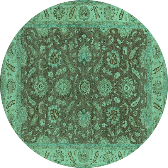 Ahgly Company Machine Washable Indoor Round Oriental Turquoise Blue Industrial Area Rugs, 6' Round