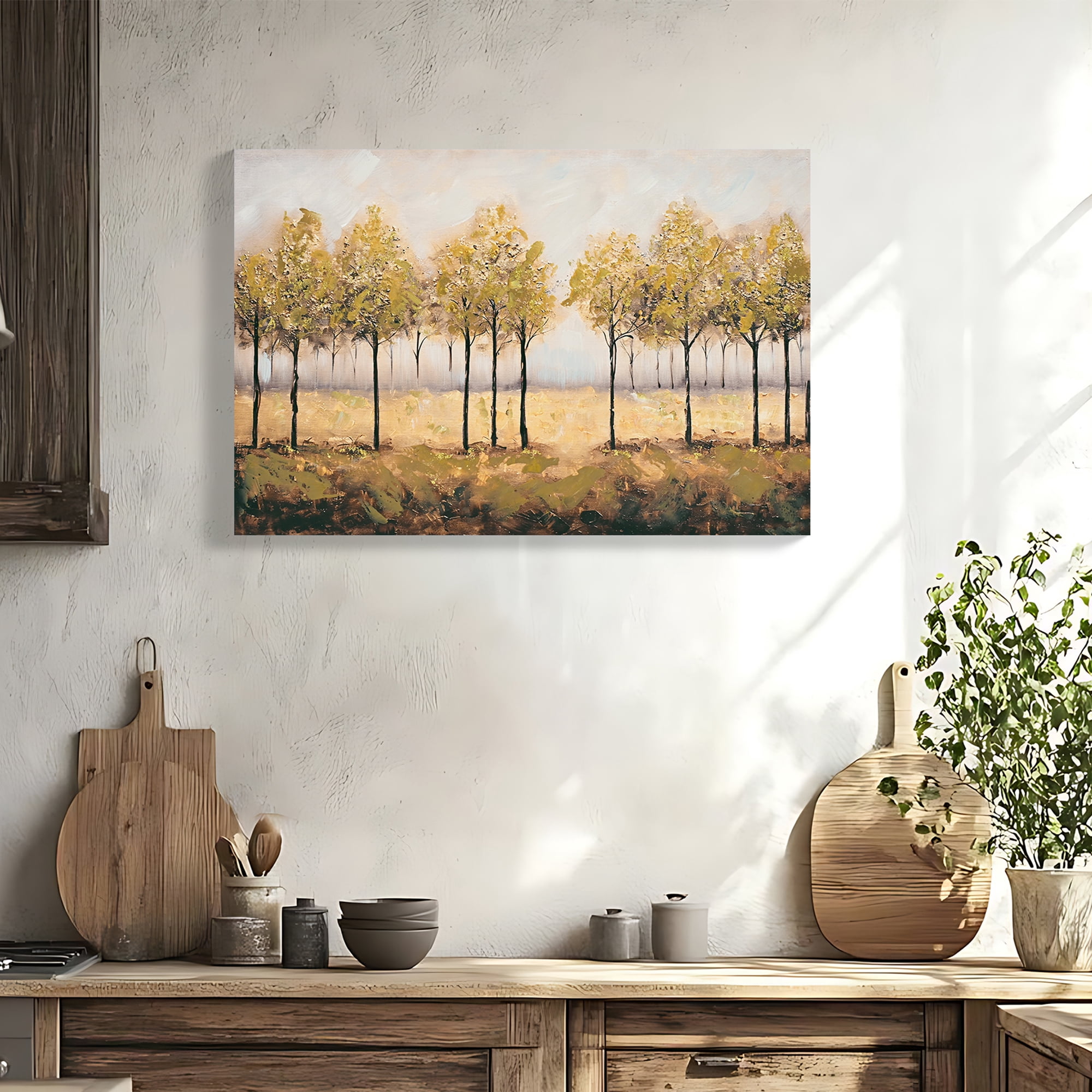 MOONMISS 24x36in Forest Tree Abstract Painting Framed Canvas Wall Art Autumn Colors Living Room Bedroom Decor Brown Green