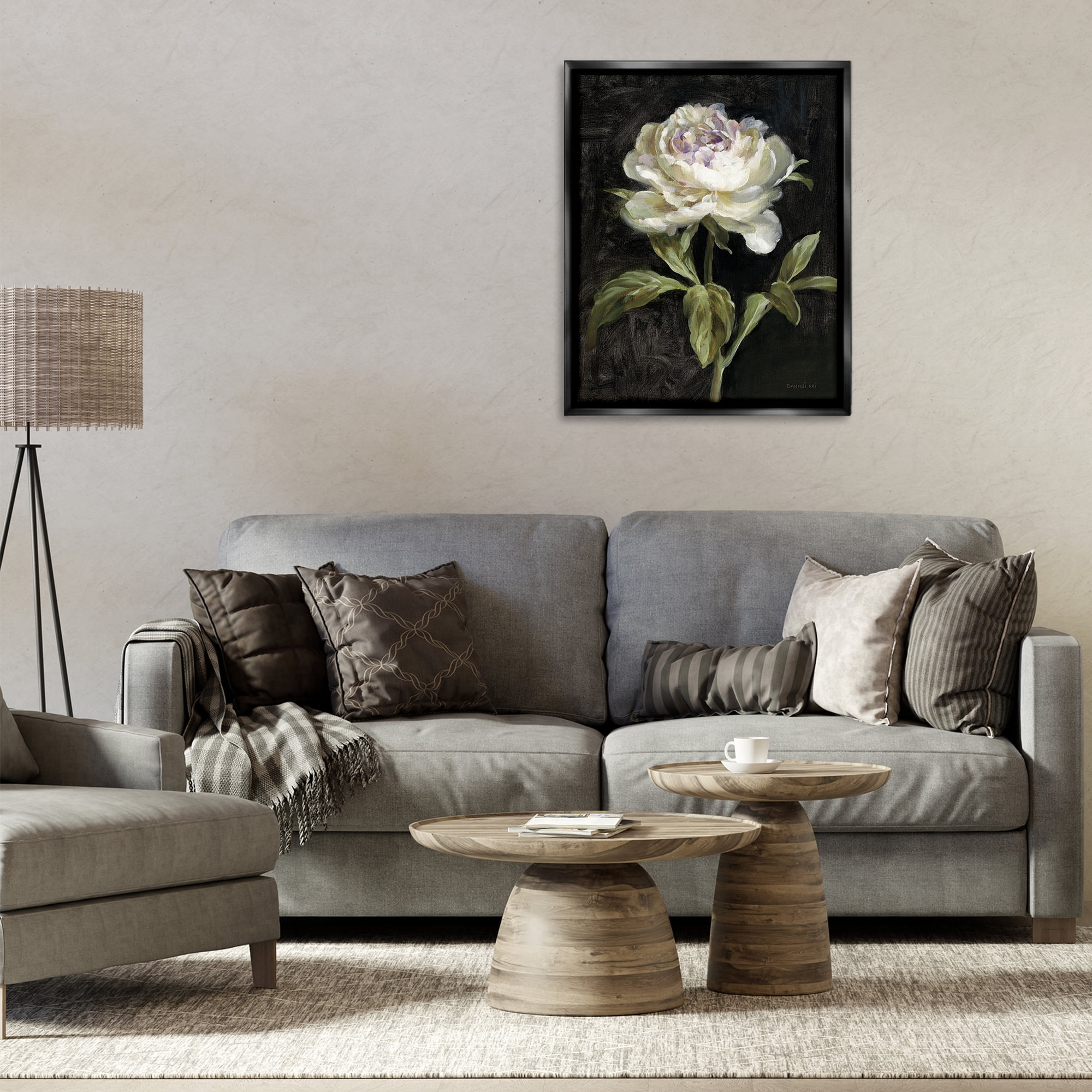 Stupell Industries Peony on Black Plants & Flowers Painting Black Floater Framed Canvas Art Print Wall Art, 25 x 31