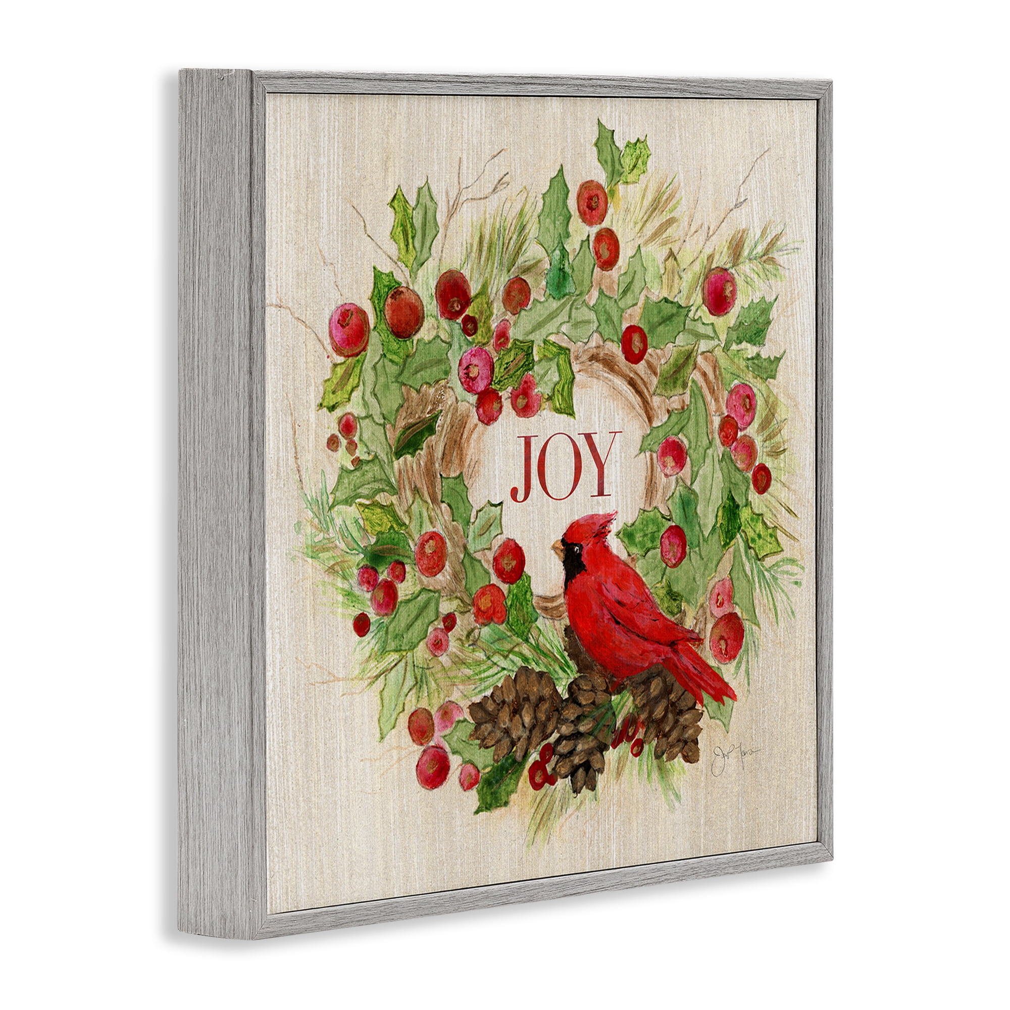 Stupell Industries Joy Rustic Winter Wreath Holiday Painting Gray Framed Art Prints Wall Art, 24 x 24