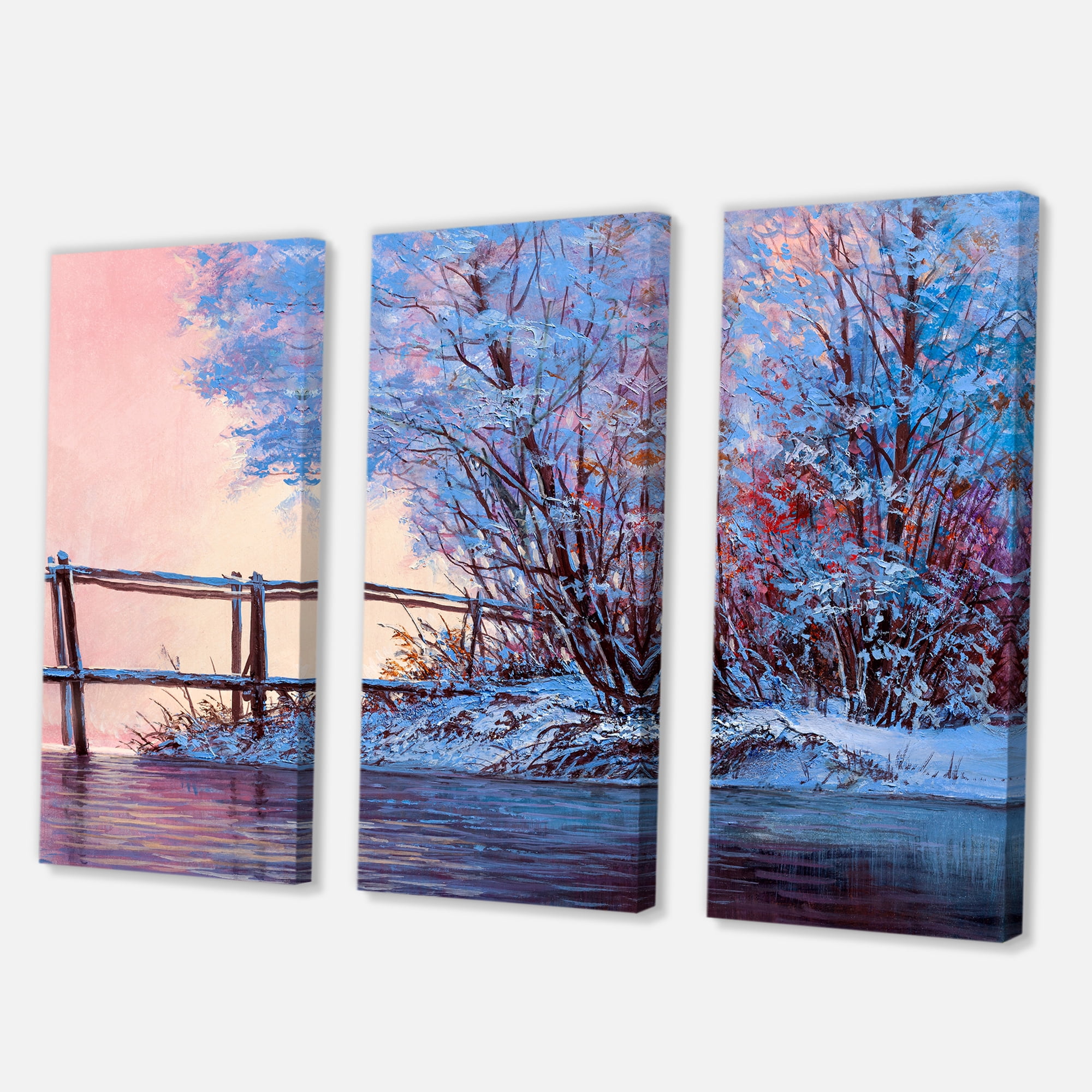 Designart ' Bridge Of Meandering River With Winter Scenery I ' Lake House Canvas Wall Art Print