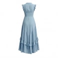 thumbnail image 4 of LNWUY Women's Summer V Neck Boho Maxi Dress Cap Sleeve Button Down Ruffle Layered Wedding Guest Flowy Long Dresses Blue L, 4 of 8