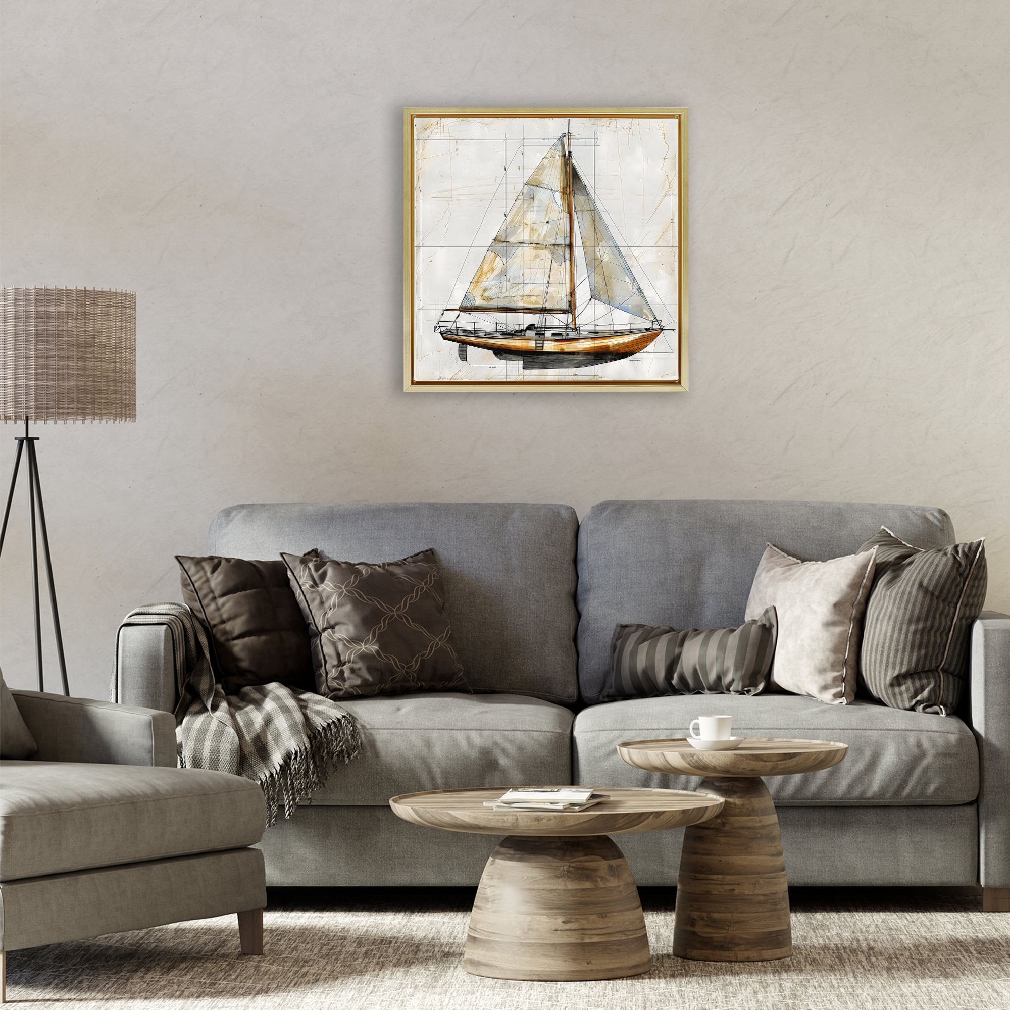 Stupell Industries Vintage Sailboat Drawing Blueprint Gold Framed Floater Canvas Wall Art, design by Creative Studio