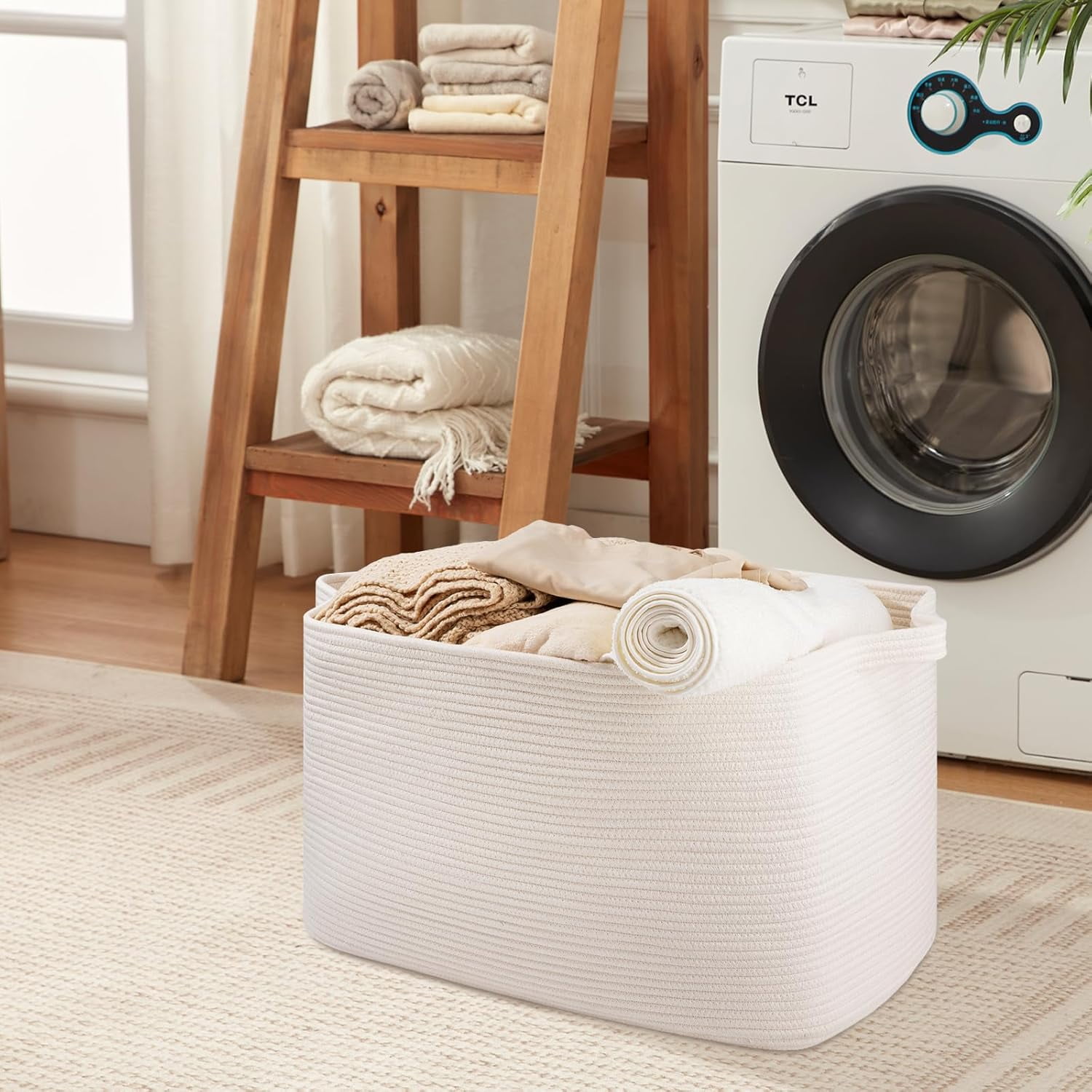 108L Extra Large Blanket Basket, 24.8" x 16.2" x 16.2" Rectangle Woven Storage Baskets for Living Room, Nursery, Bedroom, Toy Basket with Handle (White)