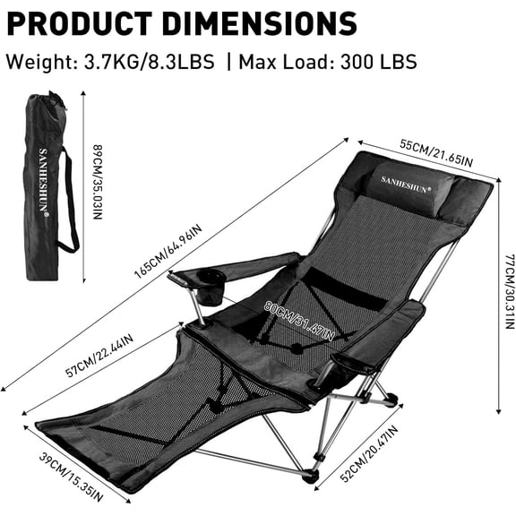 Reclining Camping Chair with Adjustable Footrest & Padded Headrest - Portable Outdoor Lawn Chair for , Beach, Camping | Includes Cup Holder & Carry Bag, Black Mesh