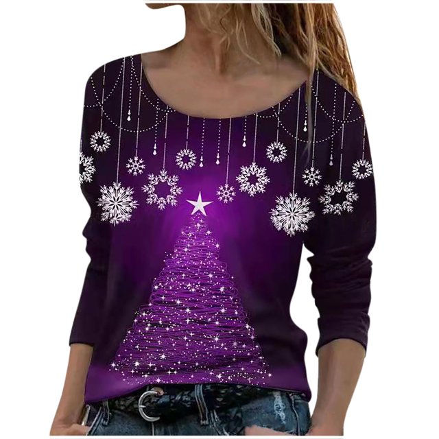 Camisas informales florales de manga larga para mujer, jersey liso con cuello redondo, túnica holgada, Tops con estampado de árbol de Navidad, blusa de manga larga con cuello redondo Pompotops gfhjh14389