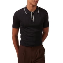 Kallspin Men's Vintage Knitted Polo Shirt Short Sleeve Solid Collared Golf Shirts with Button(Black,Small)