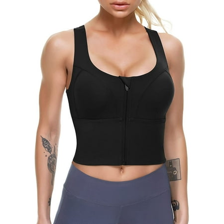 

CtriLady Zip Front Longline Sports Bras for Women Padded Fitness Crop Tank Push Up Top Criss Cross Back Support Yoga Workout Shirts(Black XX-Large)