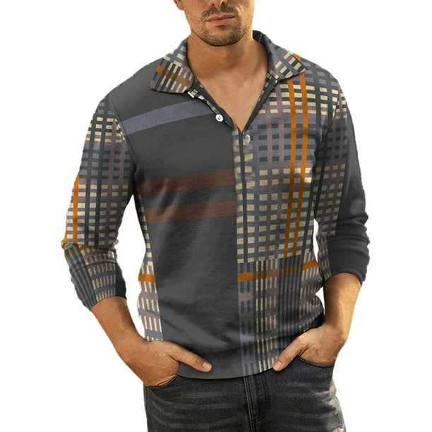 nsendm Mens Shirt Adult Male Shirt Men S Big and Tall Mens Zipper Long  Sleeve Solid T Shirt Outdoor Pattern Top Tunic T Shirts for Men(L,XL) 