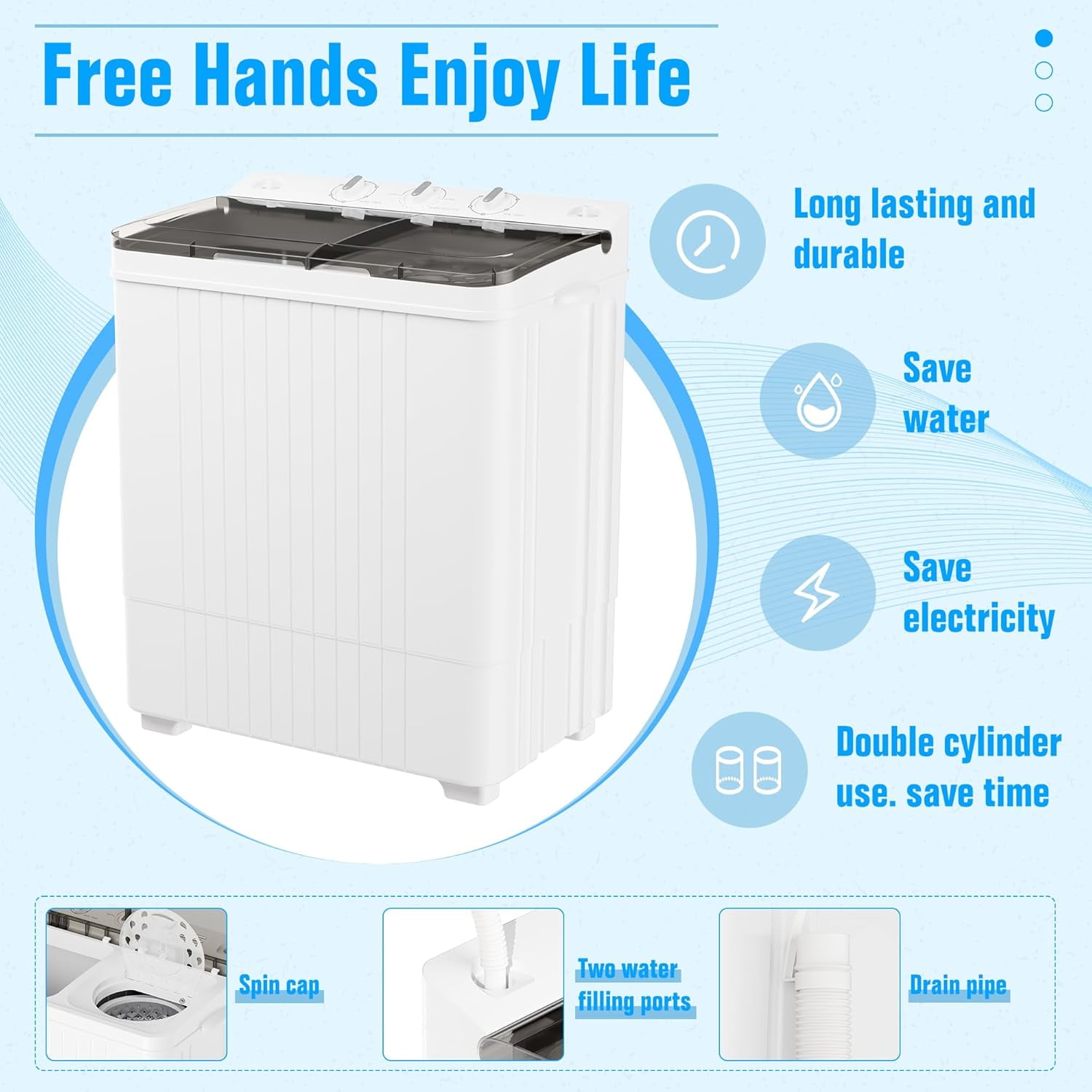 SOLAURA 26LBS Portable Washing Machine, Twin Tub Compact Washer, 15LBS Washer and 11LBS Spinner Combo, Semi-Automatic Laundry Washer for Dorms, Apartments, and RVs,  Grey