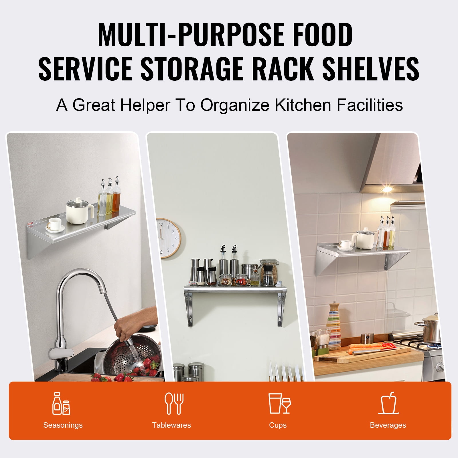KFFKFF 12" x 36" Stainless Steel Ledge, Wall-Attachable Sturdy Shelving with Supports, 250 lbs Bearing Weight Commercial Racks, Robust Storage Stand for Eatery, Domestic Kitchen,Pub,Residence,and Inn