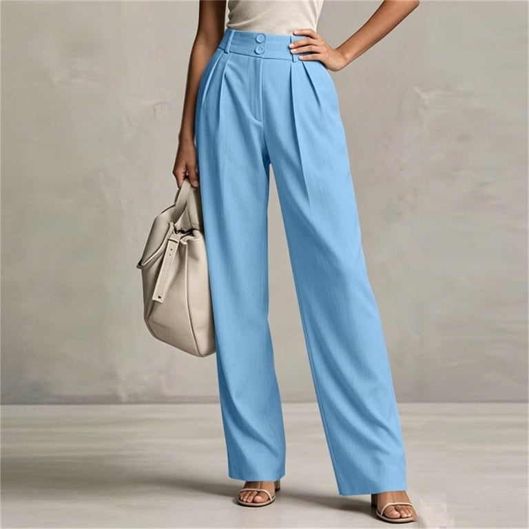 women's light blue dress pants Swiftwear Women's High Rise Pleated Wide Leg Pants Business Casual Dress Pants with Pockets Zip Closure Office Wear, Light Blue, Size: Large