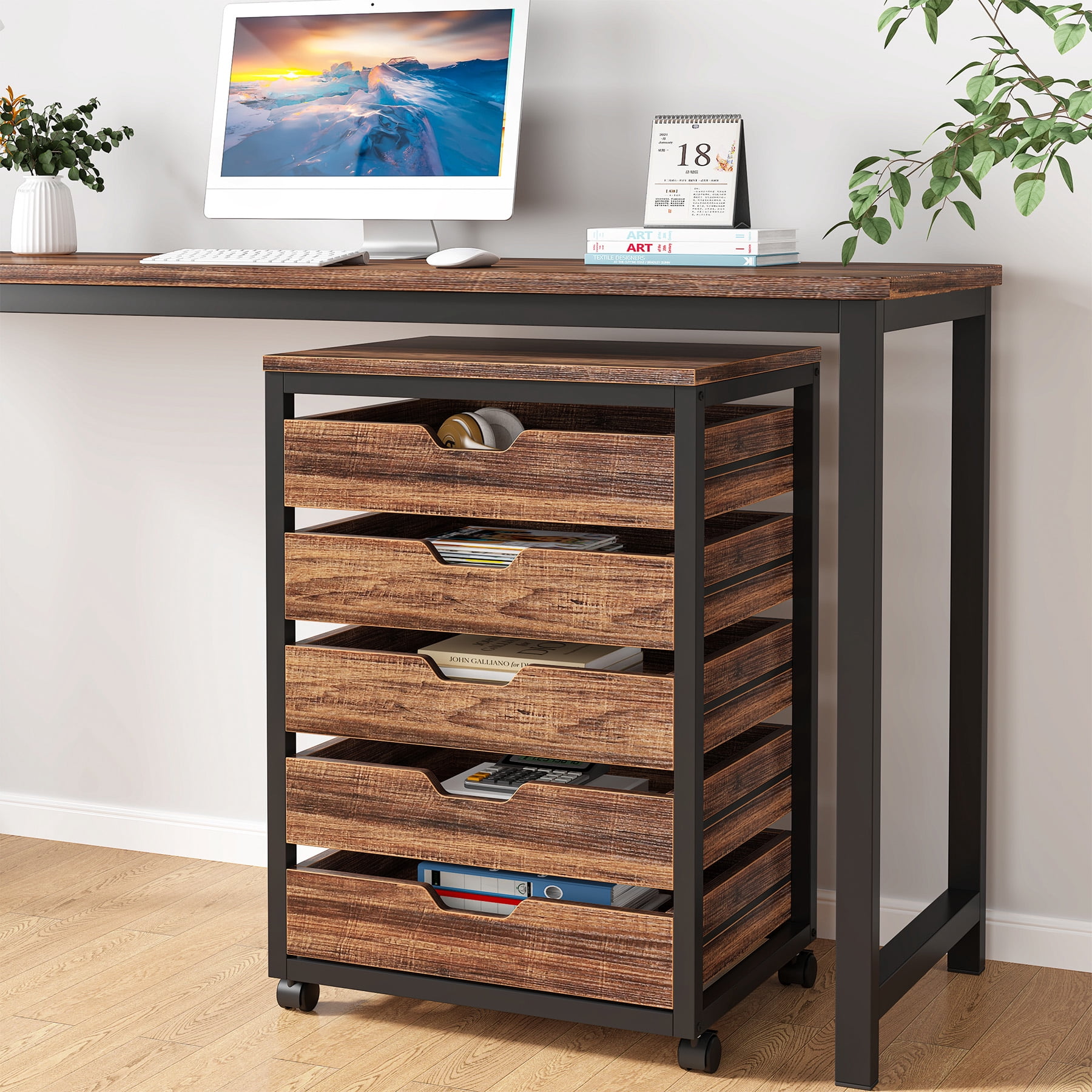 Tribesigns Industrial 5-Drawer File Cabinet, Wooden Mobile Lateral Filing Cabinet with Storage Drawers and Wheels for Home Office, Rustic Walnut