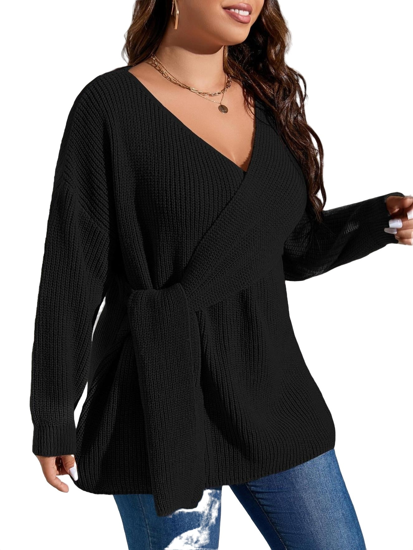 Casual Plain V neck Pullovers Long Sleeve Black Plus Size Sweaters ...