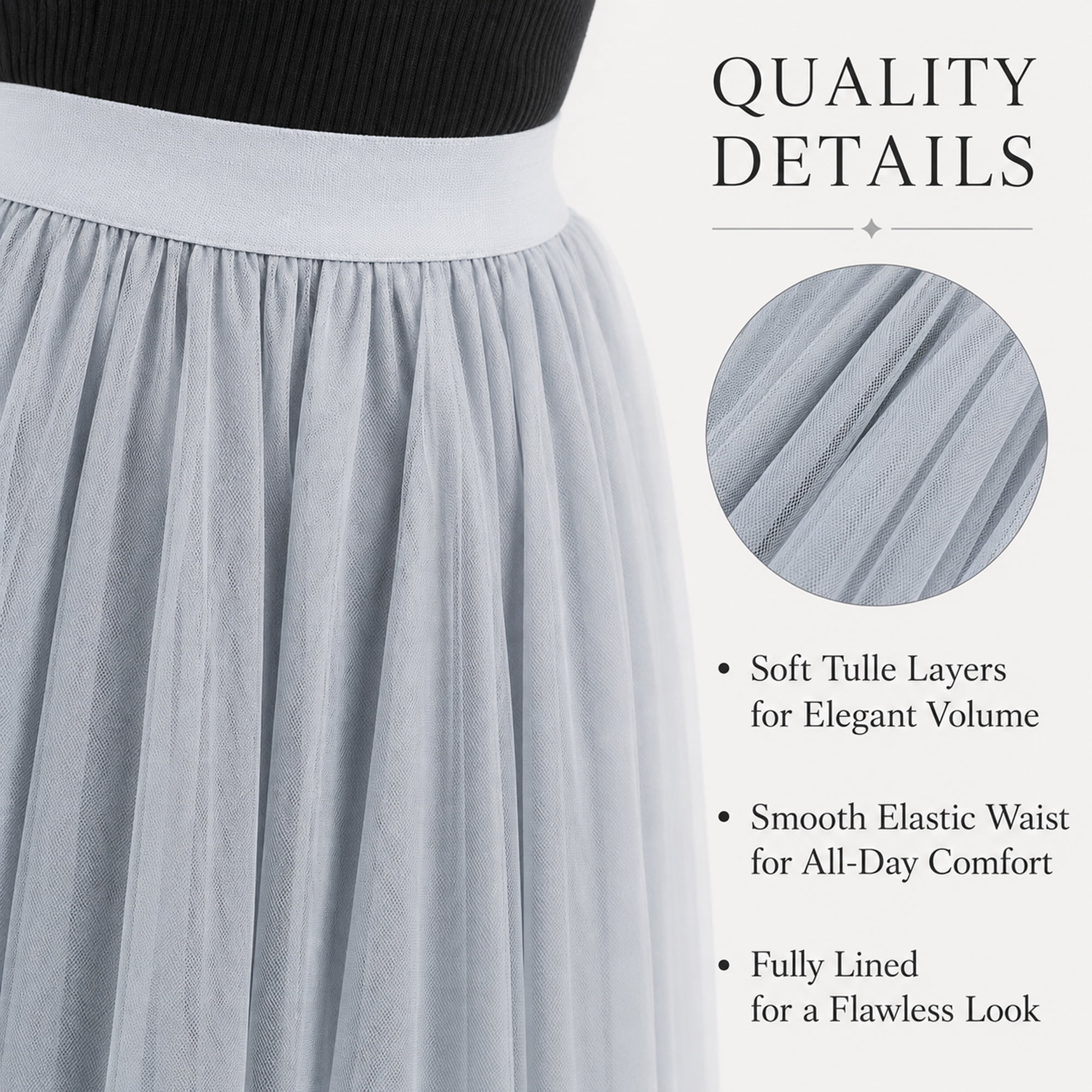 Women’s Gray Tulle Midi Skirt, Layered A-Line Tutu Skirt, One Size Elastic Waist Party Skirt