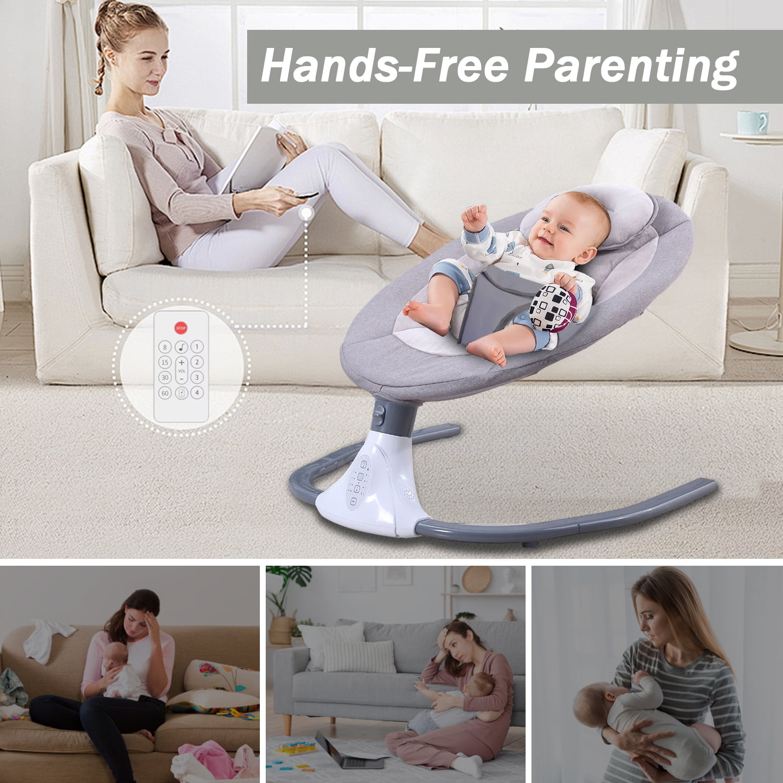 Electric Baby Swing for Infants - Bluetooth Music Speaker with 12 Lullabies and 4 Speeds, Remote Control, Gray