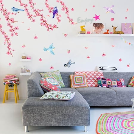 1 set Branch Plum Blossom Wall Decals Birds Wall Sticker Pink Flower Wall Art Decor Stickers DIY Bird Flower Art Stickers for Girl's Bedroom Living Room