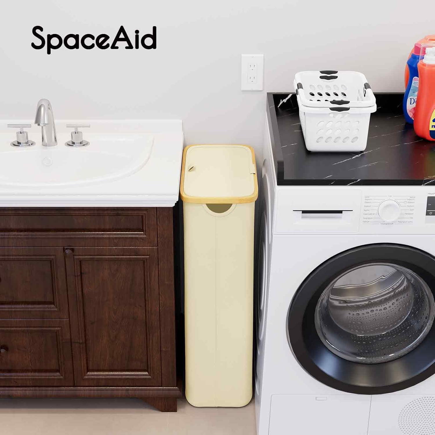SpaceAid Slim Laundry Hamper with Lid, 65L Narrow Tall Clothes Basket Bin, Beige