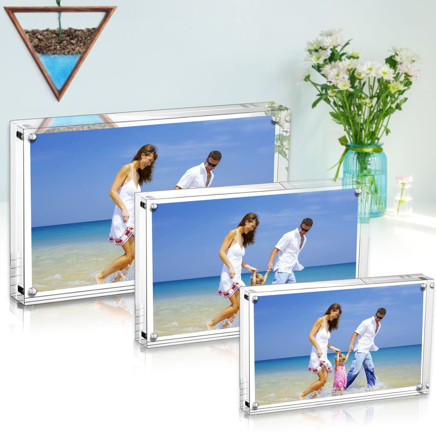 ZYUE 6x8 inch Picture Frame Made of Wood and High Definition Plexi Glass  for Wall Mounting and Table Top Display Photo Frame Black