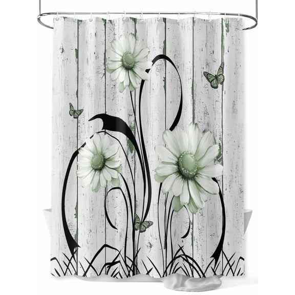Fsddascl Sage Green Daisy Shower Curtain Set - 36" x 78" Washable Bathtub Curtain with 12 Hooks, Retro Farmhouse Botanical Floral Wooden Waterproof Fabric Stall Shower Curtains for Bathroom/Bathtub