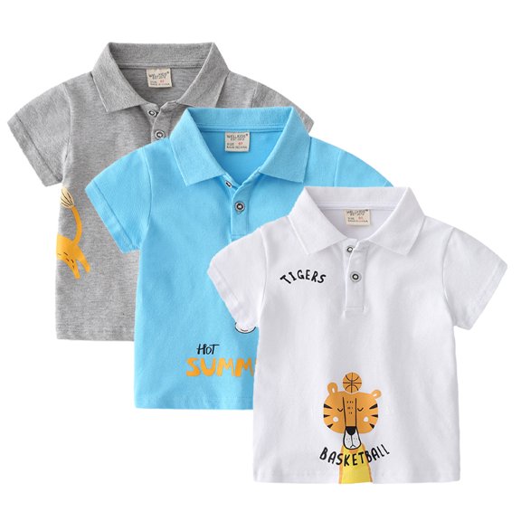 KYAIGUO Toddler Boys Short Sleeve T Shirt for Kids Baby Cartoon Graphic Summer Tee Tops Boys Cotton Lapel Casual Shirts 1-6T