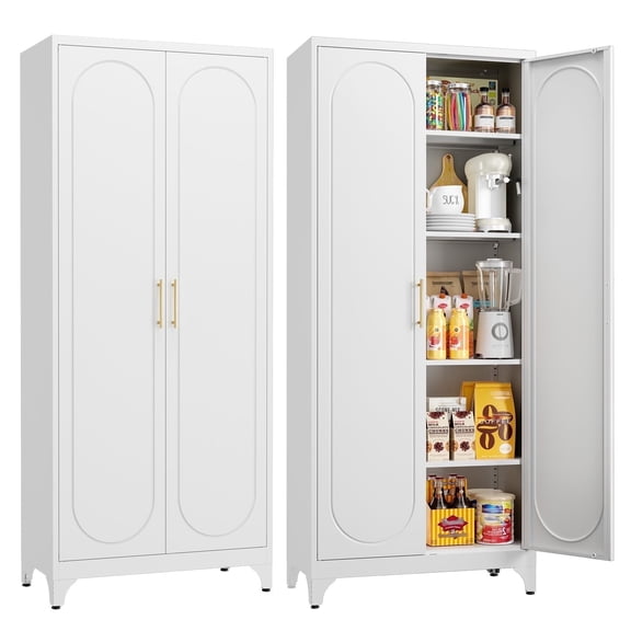 Polup White 75" H Modern Kitchen Cabinet with Doors and Adjustable Shelves