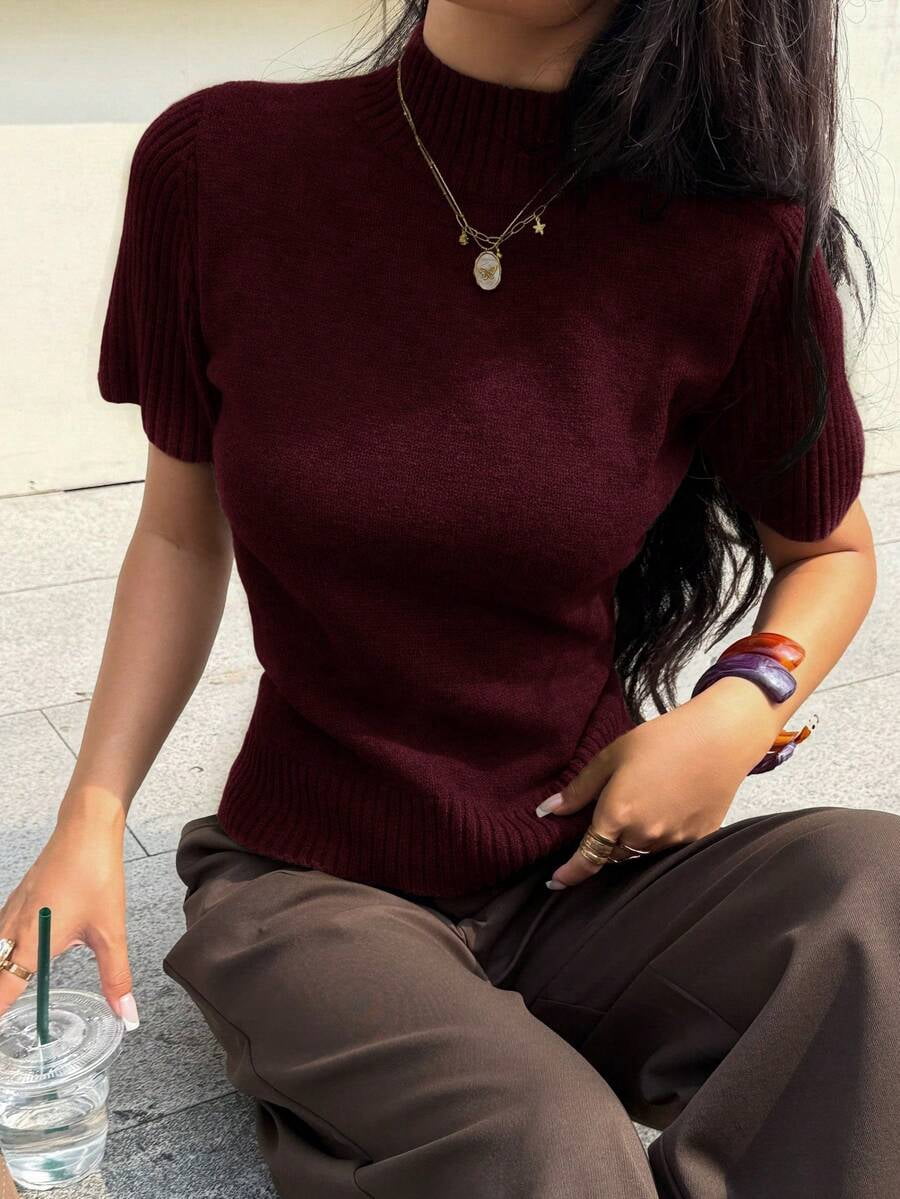 Women Solid Burgundy Short Sleeve Turtleneck Knit Top, Ribbed Texture Mock