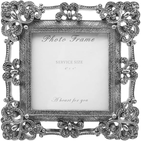 4x4 Vintage Picture Frame, Vintage silver Flower Textured Hand-Crafted Resin with Glass Front Elegant Retro Vintage Design Photo Frame for Tabletop Display Home Decor