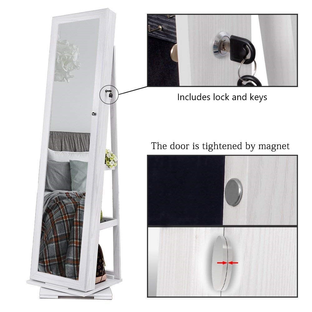 Woven Paths Adult Modern 360 Degree Rotatable Jewelry Armoire with Free-Standing Mirror, White