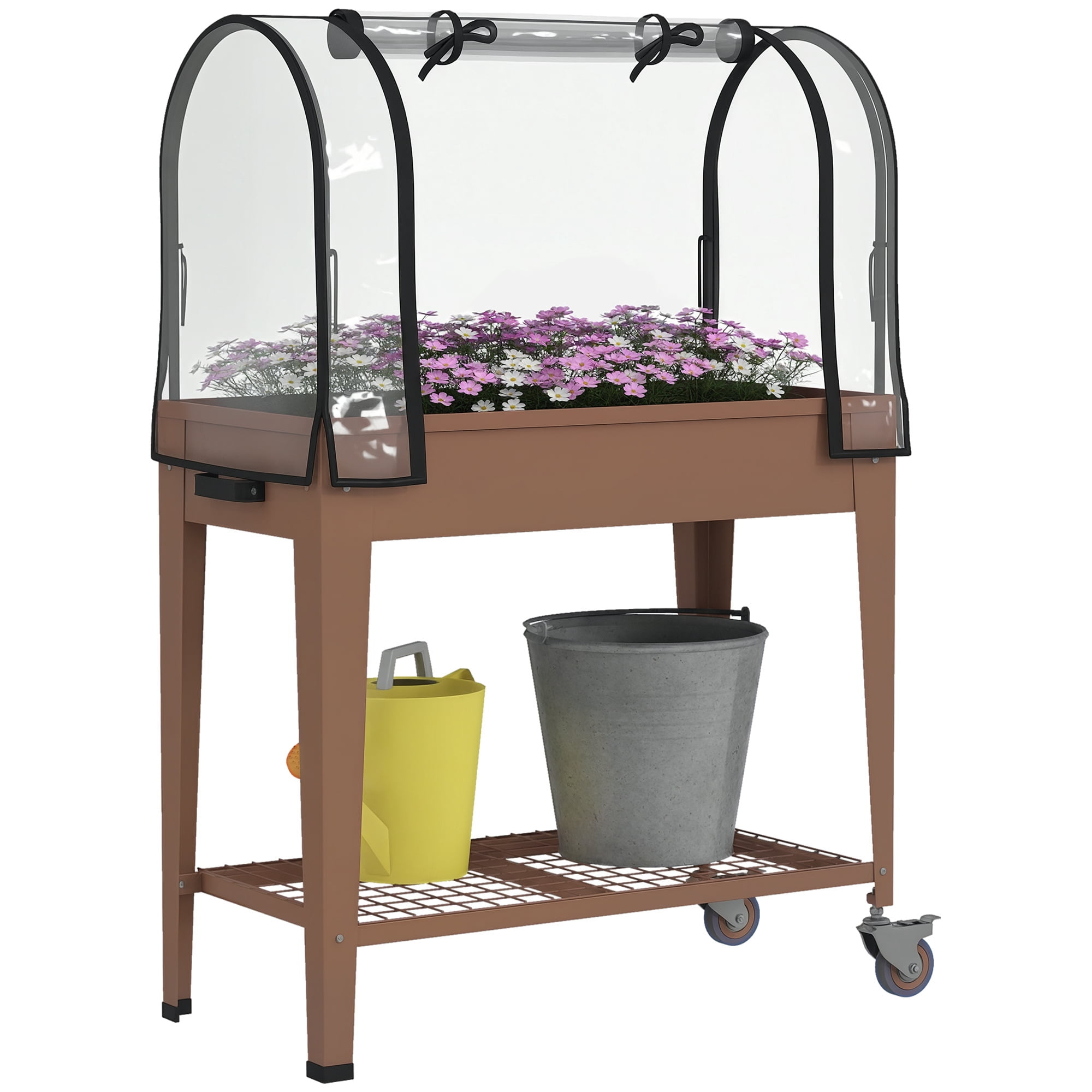 Outsunny Raised Garden Bed with Greenhouse Cover, Metal Outdoor Elevated Planter Box with Lockable Wheels, Storage Shelf and Drainage Hole, Brown