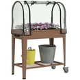 thumbnail image 2 of Outsunny Raised Garden Bed with Greenhouse Cover, Metal Outdoor Elevated Planter Box with Lockable Wheels, Storage Shelf and Drainage Hole, Brown, 2 of 9