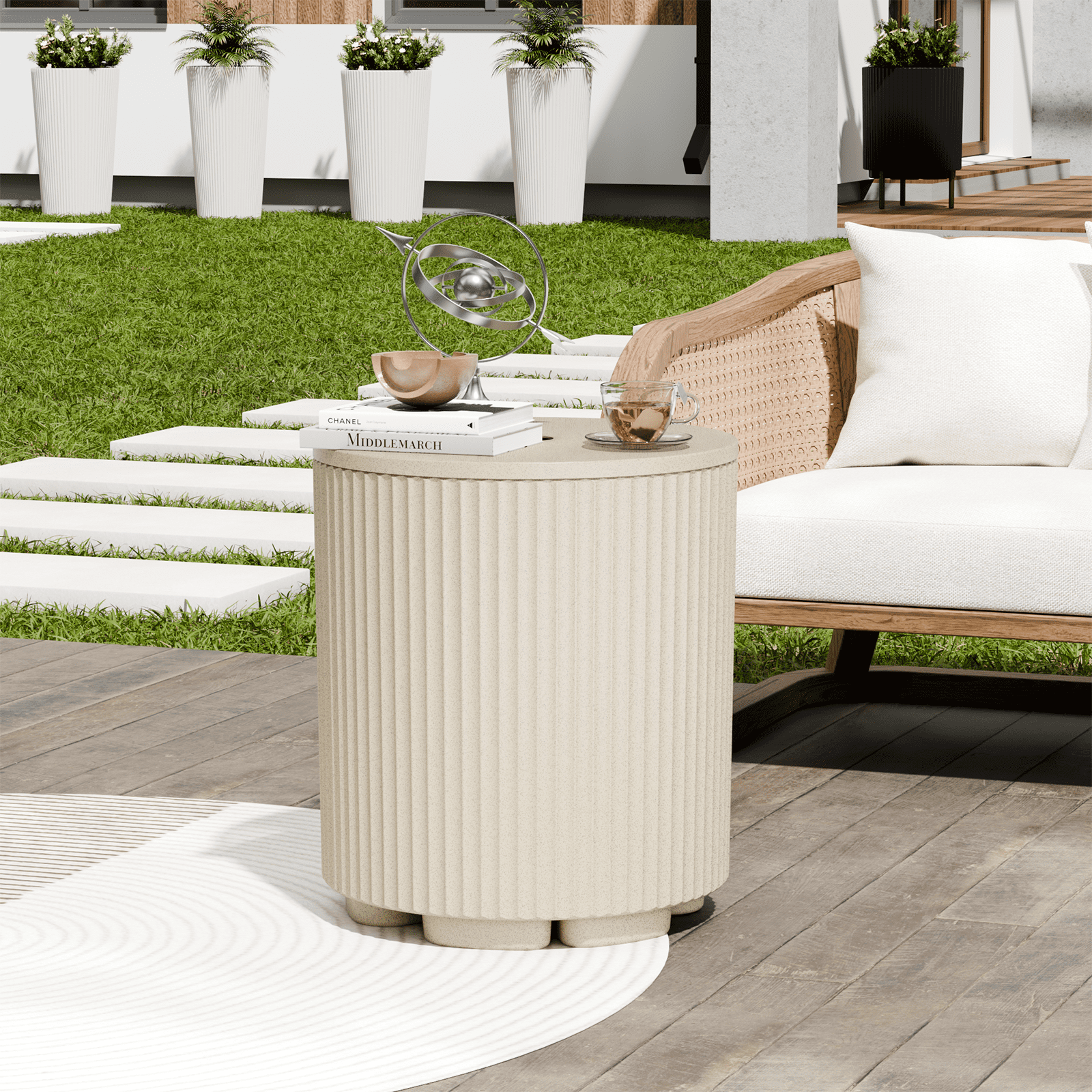 Chiccushion Umbrella Side Table, Patio Umbrella Base with 1.5 inch Hole, Fade & Scratch Resistant Lounger Table for Outdoor, Pool, Picnic, Beige
