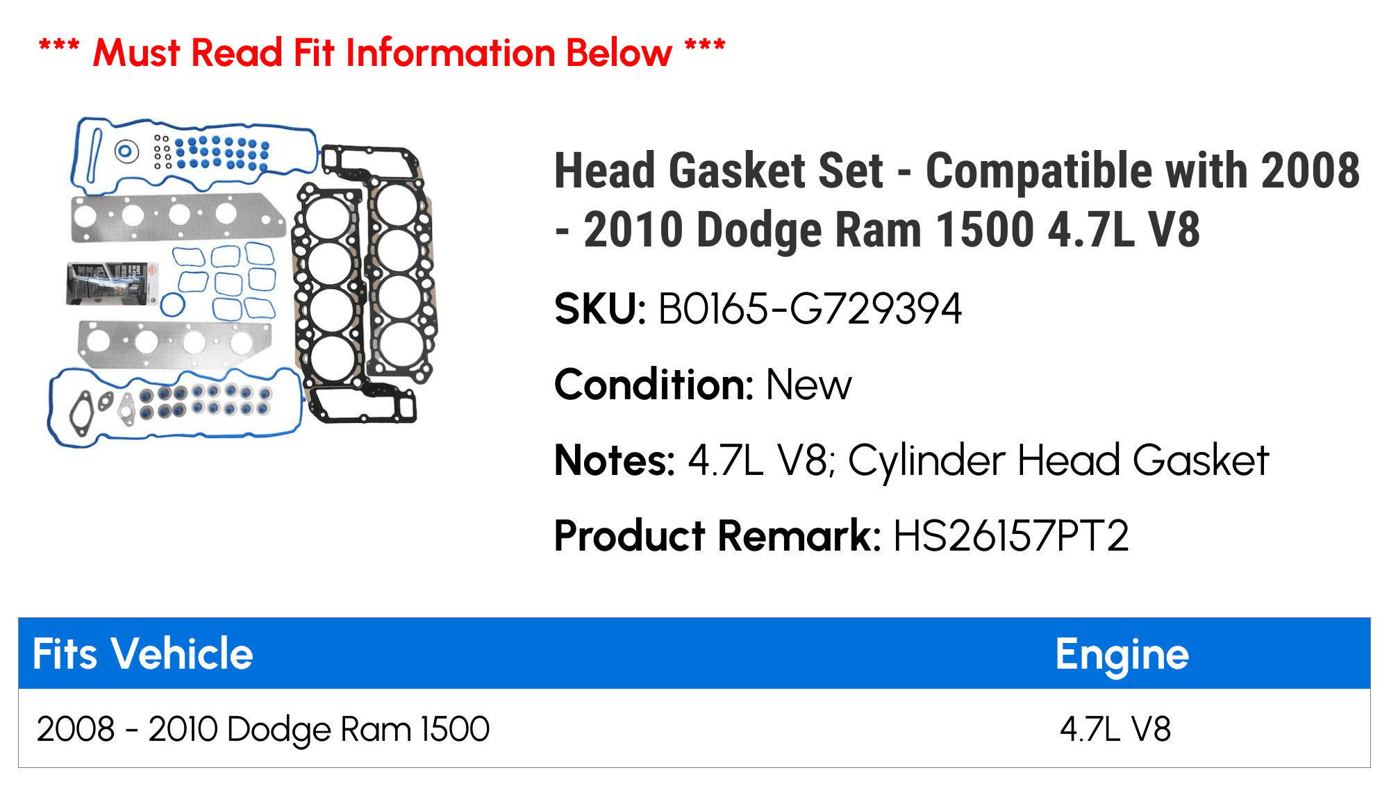 Head Gasket Set - Compatible with 2008 - 2010 Dodge Ram 1500 4.7L V8 2009
