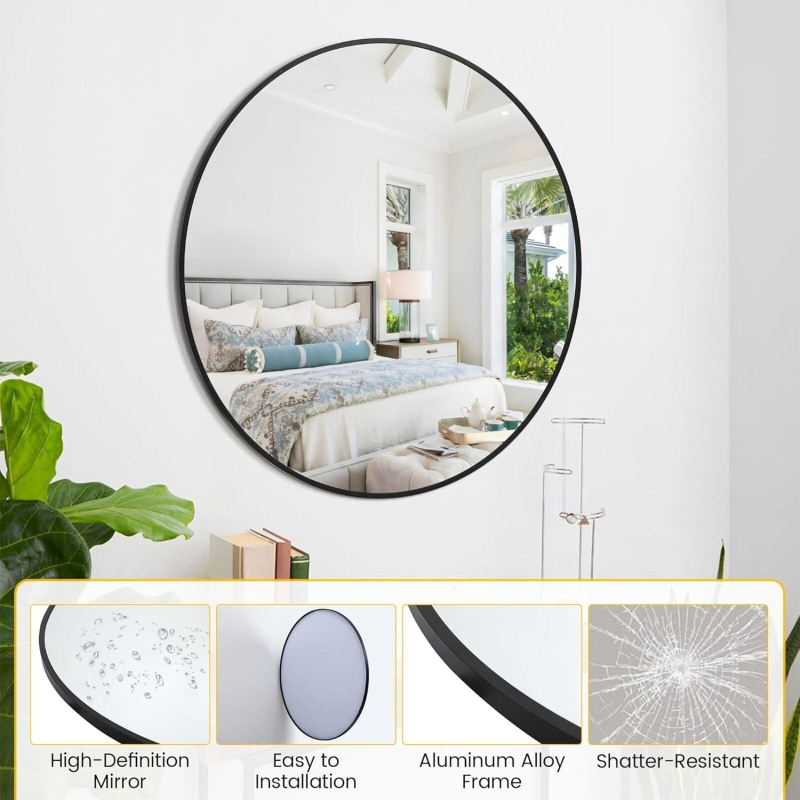 Mirrasia 30" Round Bathroom Wall Mirror, Black